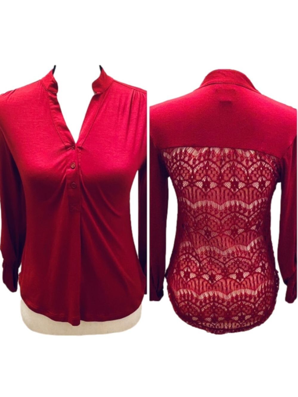 Burgundy Lace Back Convertible Sleeve Henley NWOT